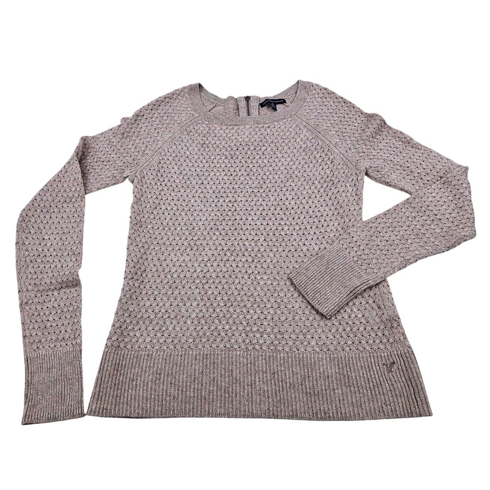 American Eagle Oatmeal Heather Textured Back Zip Pullover Sweater Womens Small